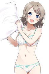Rule 34 | 10s, 1girl, blue eyes, blush, bow, bow panties, breasts, brown hair, cleavage, collarbone, cowboy shot, floral print, groin, hair ornament, hairclip, highres, looking at viewer, love live!, love live! sunshine!!, medium breasts, navel, open mouth, panties, pillow, sankuro (agoitei), short hair, simple background, smile, solo, standing, swept bangs, teeth, underwear, underwear only, watanabe you, white background