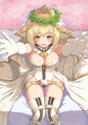 Rule 34 | 1girl, absurdres, ahoge, b7669726, belt, blonde hair, blush, breasts, bridal veil, chain, cleavage, commentary request, dress, fate/extra, fate/extra ccc, fate/grand order, fate (series), feet out of frame, from above, gloves, green eyes, hair intakes, hair ornament, highres, large breasts, lock, looking at viewer, medium breasts, nero claudius (bride) (fate), nero claudius (bride) (third ascension) (fate), nero claudius (fate), nero claudius (fate) (all), padlock, sitting, smile, solo, veil, white dress, white gloves, zipper