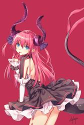 Rule 34 | 10s, 1girl, ass, asymmetrical horns, backless outfit, blue eyes, claws, cowboy shot, dragon girl, dress, elizabeth bathory (fate), elizabeth bathory (fate/extra ccc), elizabeth bathory (first ascension) (fate), fate/extra, fate/extra ccc, fate (series), frilled dress, frills, from side, hair between eyes, hair ribbon, highres, horns, licking, licking finger, long hair, looking at viewer, pink background, pink hair, pointy ears, ribbon, signature, simple background, solo, tail, tongue, tongue out, totika, uneven horns, wrist cuffs