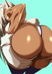 Rule 34 | 1girl, absurdres, ass, ass grab, blue background, boku no hero academia, damos (child flame), dark-skinned female, dark skin, gloves, grabbing own ass, highres, huge ass, leotard, long hair, looking at viewer, looking back, mirko, muscular, muscular female, rabbit ears, rabbit girl, rabbit tail, red eyes, smile, solo, thick thighs, thighhighs, thighs, white gloves, white hair
