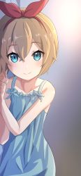 Rule 34 | 1girl, absurdres, bare arms, blonde hair, blue dress, blue eyes, bow, camui1104, closed mouth, collarbone, commentary, dress, grey background, hair between eyes, hair bow, hairband, highres, looking at viewer, lying, nightgown, on bed, on side, petra leyte, pov across bed, re:zero kara hajimeru isekai seikatsu, red bow, red hairband, short hair, sleepwear, sleeveless, sleeveless dress, smile, solo