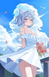 Rule 34 | 1girl, alternate costume, animal ears, arms behind back, bare shoulders, blue archive, blue eyes, blue halo, blue sky, blush, breasts, bright pupils, cleavage, closed mouth, cloud, cloudy sky, commentary, dress, grey hair, halo, highres, looking at viewer, medium breasts, mismatched pupils, nannung, off-shoulder dress, off shoulder, outdoors, shiroko (blue archive), short hair, sky, solo, strap slip, sundress, symbol-only commentary, thighs, white dress, white pupils, wolf ears, wolf girl