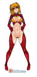 Rule 34 | 1girl, absurdres, adapted costume, artist name, blue eyes, breasts, brown hair, cameltoe, cleavage cutout, clothing cutout, curvy, full body, hair between eyes, hands on own hips, highres, jago dibuja, lips, long hair, looking at viewer, medium breasts, neon genesis evangelion, plugsuit, red thighhighs, shiny skin, simple background, smile, solo, souryuu asuka langley, thighhighs, thighs, thong, two side up, white background, wide hips