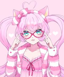 Rule 34 | 1girl, adjusting eyewear, ahoge, animal ears, blue eyes, cat ears, cat girl, glasses, jacket, long hair, long sleeves, looking at viewer, mel6969, pink background, pink hair, pink jacket, pink shirt, rosia (show by rock!!), shirt, show by rock!!, solo, twintails