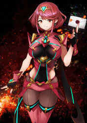 Rule 34 | 1girl, absurdres, black gloves, black pantyhose, bob cut, breasts, chest jewel, covered navel, earrings, fingerless gloves, gem, gloves, highres, index finger raised, jewelry, kanmiya shinobu, large breasts, letter, nintendo, pantyhose, pantyhose under shorts, pyra (xenoblade), red eyes, red hair, red shorts, red thighhighs, short hair, short shorts, shorts, sidelocks, solo, super smash bros., swept bangs, thighhighs, tiara, xenoblade chronicles (series), xenoblade chronicles 2