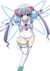 Rule 34 | 1girl, angel, angel wings, armor, blue hair, blush, boots, breasts, brooch, cross, djibril aries, elbow gloves, gem, gloves, glowing, glowing wings, green eyes, hair ribbon, halo, jewelry, jinno hikari, leg lift, light smile, long hair, looking at viewer, magical girl, makai tenshi djibril, necktie, one-piece swimsuit, outstretched arms, pink necktie, puffy short sleeves, puffy sleeves, purple hair, red cross, ribbon, sailor collar, school swimsuit, shin guards, short sleeves, sidelocks, simple background, small breasts, smile, solo, spread arms, swimsuit, swimsuit costume, takane nohana, thigh boots, thighhighs, thighlet, turtleneck, twintails, very long hair, white background, white gloves, white one-piece swimsuit, white school swimsuit, white thighhighs, wings