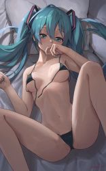 Rule 34 | 1girl, absurdres, bare shoulders, bed sheet, bikini, blue eyes, blue hair, blue nails, blush, breasts, covering own mouth, feet out of frame, from above, front-tie bikini top, front-tie top, hatsune miku, highres, leg up, long hair, looking at viewer, lying, medium breasts, micro bikini, nail polish, navel, o-ring, o-ring bottom, on back, on bed, pillow, signature, solo, sooon, spread legs, stomach, sweat, swimsuit, twintails, underboob, untied bikini, vocaloid