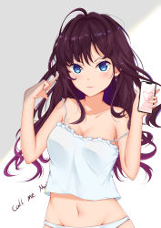 Rule 34 | 1girl, absurdres, bad id, bad pixiv id, bare arms, bare shoulders, blue eyes, blush, breasts, brown hair, catnnn, cellphone, cleavage, collarbone, english text, highres, holding, holding phone, ichinose shiki, idolmaster, idolmaster cinderella girls, long hair, looking at viewer, medium breasts, messy hair, navel, panties, phone, shirt, simple background, smartphone, smile, solo, tank top, underwear, underwear only, upper body, white background, white panties, white shirt
