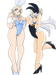 Rule 34 | 2girls, animal ears, blonde hair, blue eyes, breasts, cleavage, crossover, disney, elsa (frozen), fake animal ears, frozen (disney), high heels, judy hopps, medium breasts, multiple girls, personification, playboy bunny, police badge, purple eyes, rabbit ears, silver hair, thighs, toshinoshin, twintails, white background, wide hips, wrist cuffs, zootopia