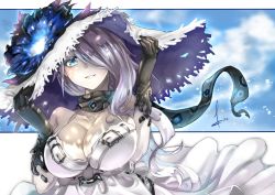 Rule 34 | 10s, 1girl, abyssal ship, artist name, bare shoulders, blue eyes, blue sky, breasts, cleavage, cleavage cutout, clothing cutout, colored skin, commentary request, day, dress, flower, gloves, glowing, grey hair, hair over one eye, hands on headwear, hands up, hat, hat flower, holding, holding clothes, holding hat, hole, kantai collection, kito (kito2), large breasts, long hair, looking at viewer, off shoulder, ribbon, scarf, seaport summer princess, shadow, sketch, sky, smile, solo, spaghetti strap, sun hat, sundress, upper body, white dress, white skin