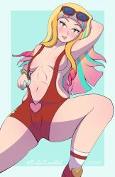 Rule 34 | 1girl, abs, absurdres, arm up, blonde hair, blunt bangs, blush, breasts, creatures (company), drill hair, drill sidelocks, eyewear on head, game freak, gradient hair, green eyes, heart, highres, long hair, looking at viewer, lottieloveart, makeup, multicolored hair, nail polish, naked overalls, nintendo, no bra, overalls, pokemon, pokemon (anime), pokemon the movie: the power of us, risa (pokemon), self-upload, sidelocks, solo, streaked hair, sunglasses, tight clothes