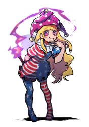 Rule 34 | 1girl, american flag dress, american flag legwear, blonde hair, closed mouth, clownpiece, dress, fire, full body, highres, holding, holding torch, iganashi1, leaning forward, long hair, looking at viewer, one-hour drawing challenge, pink eyes, pink fire, purple headwear, short sleeves, simple background, smile, solo, standing, star-shaped pupils, star (symbol), star print, striped clothes, striped dress, symbol-shaped pupils, torch, touhou, white background