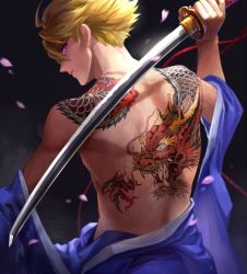 Rule 34 | 10s, 1boy, back, back tattoo, blonde hair, cherry blossoms, dragon, dragon tattoo, from behind, ivan karelin, japanese clothes, kame4282, katana, male focus, petals, purple eyes, topless male, solo, sword, tattoo, tiger &amp; bunny, weapon
