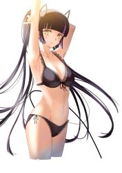 Rule 34 | 1girl, nanashi inc., absurdres, alternate costume, armpits, arms up, bikini, black bikini, black hair, blunt bangs, blush, breasts, cleavage, closed mouth, commentary request, cowboy shot, demon horns, frilled bikini, frills, front-tie bikini top, front-tie top, highres, horns, kojo anna, long hair, looking at viewer, medium breasts, multicolored hair, pointy ears, purple hair, sankyo (821-scoville), side-tie bikini bottom, simple background, smile, solo, sugar lyric, swimsuit, transparent background, two-tone hair, virtual youtuber