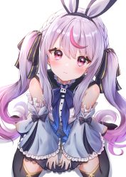 Rule 34 | 1girl, bare shoulders, black bow, black thighhighs, blue skirt, blue sleeves, blush, bow, braid, closed mouth, commentary request, detached sleeves, frilled sleeves, frills, hair between eyes, hair bow, highres, long sleeves, looking at viewer, multicolored hair, no shoes, purple hair, red eyes, red hair, shadow, shirt, short eyebrows, sitting, skirt, sleeveless, sleeveless shirt, smile, solo, streaked hair, thick eyebrows, thighhighs, toki (toki ship8), tosaki mimi, transparent background, twintails, virtual youtuber, vspo!, wariza, white background, white shirt, wide sleeves