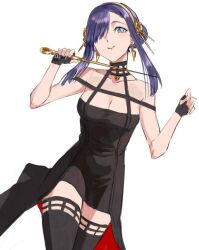 Rule 34 | 1girl, bare shoulders, black dress, black gloves, blue eyes, breasts, cleavage, cosplay, dagger, dress, earrings, gloves, gold earrings, gridman universe, gridman universe (film), hair bun, hair ornament, hair over one eye, hairband, holding, holding dagger, holding knife, holding weapon, jewelry, knife, long hair, looking at viewer, princess (dynazenon), risyo, smile, solo, spy x family, weapon, yor briar, yor briar (cosplay)