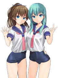 Rule 34 | 2girls, aqua eyes, aqua hair, arm around shoulder, arm around waist, asymmetrical docking, blue eyes, blue one-piece swimsuit, blue sailor collar, breast press, breasts, brown hair, character name, closed mouth, collarbone, commentary request, cosplay, covered navel, cowboy shot, furrowed brow, hair ornament, hairclip, hand on another&#039;s hip, hand on another&#039;s shoulder, hand up, headgear, high ponytail, highres, hug, i-168 (kancolle), i-168 (kancolle) (cosplay), i-58 (kancolle), i-58 (kancolle) (cosplay), kantai collection, kumano (kancolle), long hair, looking at viewer, medium breasts, multiple girls, neckerchief, old school swimsuit, one-piece swimsuit, panda sasasa, pink neckerchief, ponytail, sailor collar, school swimsuit, school uniform, serafuku, shirt, short sleeves, side-by-side, sleeve cuffs, small breasts, smile, standing, suzuya (kancolle), swimsuit, swimsuit under clothes, textless version, thighs, upper body, v, waving, white background, white serafuku, white shirt, yuri