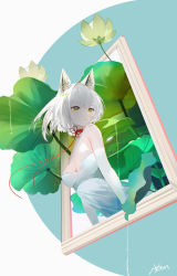 Rule 34 | 1girl, alternate costume, animal ear fluff, animal ears, arknights, bad id, bad pixiv id, bare shoulders, breasts, cat ears, choker, cleavage, closed mouth, dress, elbow gloves, gloves, green eyes, highres, kal&#039;tsit (arknights), leaning forward, looking away, looking to the side, medium breasts, omone hokoma agm, plant, red choker, short hair, signature, silver hair, solo, strapless, strapless dress, two-tone background, upper body, white dress, white gloves