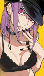 Rule 34 | 1girl, black bra, black hat, black nails, bra, breasts, chainsaw man, earrings, fami (chainsaw man), hand up, hat, highres, jewelry, looking at viewer, medium breasts, medium hair, mole, mole under eye, mole under mouth, parted lips, pull cord, purple eyes, purple hair, ring, ringed eyes, sailen0, sidelocks, simple background, solo, underwear, upper body, yellow background