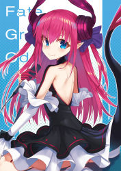 Rule 34 | 1girl, back cutout, blue bow, blue eyes, bow, clothing cutout, elizabeth bathory (fate), elizabeth bathory (fate/extra ccc), elizabeth bathory (first ascension) (fate), fate/grand order, fate (series), gloves, hair bow, highres, horns, long hair, looking back, mhong, pink hair, pointy ears, shoulder blades, smile, solo, tail