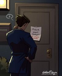 Rule 34 | 1boy, ace attorney, commentary, door, english commentary, english text, formal, from behind, hand on own neck, male focus, night, note, outdoors, phoenix wright, short hair, solo, spoken sweatdrop, stelarpidgin, suit, sweatdrop