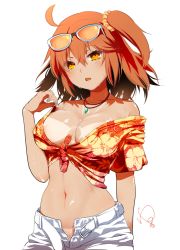 Rule 34 | 1girl, :o, ahoge, areola slip, bare shoulders, belt, bikini tan, blush, breasts, cleavage, collarbone, cowboy shot, eyewear on head, fate/grand order, fate (series), floral print, fujimaru ritsuka (female), fujimaru ritsuka (female) (tropical summer), hair between eyes, hair ornament, hair scrunchie, hawaiian shirt, head tilt, jewelry, medium breasts, navel, necklace, off shoulder, official alternate costume, one side up, open belt, open clothes, open fly, open mouth, open shorts, orange-tinted eyewear, orange hair, print shirt, scrunchie, shirt, short sleeves, shorts, signature, simple background, solo, stomach, sunglasses, sweat, tan, tanline, tied shirt, tinted eyewear, tropical summer (fate), unzipped, white-framed eyewear, white background, yellow eyes, yuzuki yuno