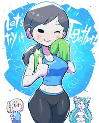 Rule 34 | 3girls, ^ ^, absurdres, alternate costume, black eyes, black hair, blonde hair, blue eyes, blue tank top, blush, blush stickers, bottle, breasts, capri pants, chibi, chibi inset, clenched hand, closed eyes, colored skin, commentary, determined, fist pump, forehead jewel, green eyes, gym uniform, hand on own hip, highres, kid icarus, large breasts, long hair, looking at viewer, metroid, midriff, motivator (meme), multiple girls, navel, nintendo, open mouth, palutena, pants, ponytail, rariatto (ganguri), samus aran, shirt, shorts, smile, spandex, steam, steaming body, super smash bros., sweat, sweatdrop, symbol-only commentary, tank top, tight clothes, tight pants, towel, water, water bottle, white shirt, white shorts, white skin, wide hips, wii fit, wii fit trainer, wii fit trainer (female), yoga pants