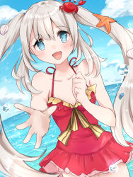 Rule 34 | 1girl, bare shoulders, blue eyes, blush, breasts, crab, fate/grand order, fate (series), frills, grey hair, hair ornament, highres, long hair, marie antoinette (fate), marie antoinette (swimsuit caster) (fate), open mouth, ribbon, swimsuit, twintails, water