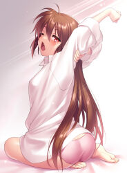 Rule 34 | 1girl, ass, barefoot, brown hair, collared shirt, commentary request, feet, little busters!, long hair, long sleeves, looking at viewer, looking back, natsume rin, one eye closed, open mouth, panties, pink panties, ponytail, red eyes, seiza, shirt, sitting, solo, toes, tongue, underwear, white shirt, yawning, zen (kamuro)