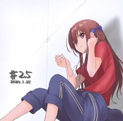 1girl 22/7 absurdres blue_bow blue_pants bow braid braided_hair_rings brown_eyes brown_hair dated earphones from_below from_side hair_bow hair_rings highres holding holding_earphones long_hair mid227 pants red_shirt shirt short_sleeves solo tachikawa_ayaka track_suit twin_braids two_side_up