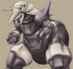 Rule 34 | :d, aggron, brown background, claws, cowboy shot, creatures (company), fighting stance, game freak, gen 3 pokemon, horns, monster, nintendo, no humans, open mouth, pokemon, pokemon (creature), serene (gusarme), serene (pixiv66339), simple background, sketch, smile, solo