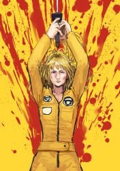 Rule 34 | 1girl, absurdres, beatrix kiddo, belt, blonde hair, blood, blood splatter, blue eyes, chanta (ayatakaoisii), closed mouth, commentary request, cowboy shot, arms up, hands up, highres, holding, holding sword, holding weapon, jacket, katana, kill bill, long sleeves, looking at viewer, pants, solo, standing, sword, two-handed, uma thurman, weapon, yellow jacket, yellow pants