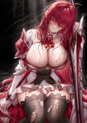 Rule 34 | 1girl, absurdres, been, black thighhighs, breasts, cleavage, closed eyes, detached collar, detached sleeves, dress, elesis (elsword), elsword, gem, gloves, grand master (elsword), hair between eyes, highres, huge breasts, leaning on weapon, leaning to the side, long sleeves, red gemstone, red hair, scratches, shiny skin, sitting, sleeping, solo, thighhighs, torn clothes, torn thighhighs, white dress, white gloves, zettai ryouiki