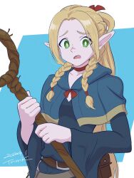 Rule 34 | 1girl, absurdres, blonde hair, blue eyes, blue robe, braid, breasts, bright pupils, choker, commentary request, dungeon meshi, elf, green eyes, highres, holding, long hair, long sleeves, marcille donato, medium breasts, pointy ears, red choker, robe, solo, staff, tsunemoku, white pupils
