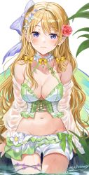 Rule 34 | 1girl, bare shoulders, bikini, blonde hair, blush, bow, breasts, cleavage, closed mouth, collarbone, elf, flower, green bikini, groin, hair bow, hair flower, hair ornament, highres, long hair, looking at viewer, medium breasts, navel, niwata0, original, partially submerged, pointy ears, purple bow, purple eyes, red flower, sidelocks, signature, sitting, smile, solo, stomach, swimsuit, very long hair, water, water drop, wet, white flower, yellow bow