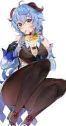 Rule 34 | 1girl, ahoge, artist name, bare shoulders, bell, black gloves, black pantyhose, blue hair, blush, breasts, cherry, commission, cream, cream on face, detached sleeves, fine fabric emphasis, flower, food, food on face, fruit, full body, ganyu (genshin impact), genshin impact, gloves, gyoju (only arme nim), high heels, highres, horns, ice cream, long hair, looking at viewer, medium breasts, neck bell, open mouth, orange (fruit), pantyhose, purple eyes, qingxin flower, sidelocks, solo, spoon, squatting, sundae, thighs, waist cape, white background, white flower, white sleeves
