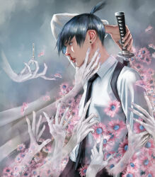Rule 34 | 1boy, 1other, arm up, artist name, black hair, black necktie, blood, blood on face, chainsaw man, cigarette, earrings, fingernails, flower, ghost, ghost devil (chainsaw man), hayakawa aki, highres, holding, holding cigarette, injury, jewelry, katana, multiple hands, necktie, nosebleed, nurumayuart, open mouth, sheath, sheathed, shirt, short hair, sword, sword behind back, topknot, weapon, white shirt