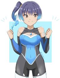 Rule 34 | 1girl, blue hair, bodysuit, breasts, brown eyes, chest jewel, chobi0521, clenched hand, closed mouth, commentary request, covered navel, cowboy shot, diving suit, fiery hair, glowing lines, highres, looking at viewer, medium breasts, official alternate costume, sena (xenoblade), side ponytail, smile, solo, wetsuit, xenoblade chronicles (series), xenoblade chronicles 3