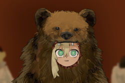 Rule 34 | 1girl, 2others, alternate costume, animal costume, bear costume, bear pelt, blonde hair, blurry, blurry background, closed mouth, derivative work, empty eyes, green eyes, hair between eyes, highres, light smile, looking at viewer, matangom, matangomu-chan, midsommar, multiple others, original, parody, pelt, portrait, scene reference, single sidelock, solo focus, wide-eyed