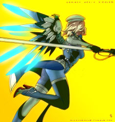 Rule 34 | 1girl, arm up, artist name, ass, blonde hair, breasts, english text, female focus, from side, hat, high heels, holding, medium breasts, mercy (overwatch), mila the mute, overwatch, overwatch 1, short hair, signature, simple background, solo, text focus, watermark, web address, wings, yellow background