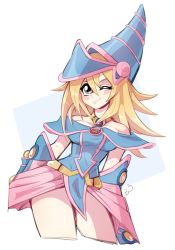 Rule 34 | 1girl, artist name, bare shoulders, blonde hair, blush, blush stickers, breasts, choker, commentary request, cropped legs, dark magician girl, duel monster, green eyes, hair between eyes, highres, jewelry, kaijumilk (milkchaotea), long hair, one eye closed, pentacle, signature, smile, solo, symbol-only commentary, thighs, yu-gi-oh!