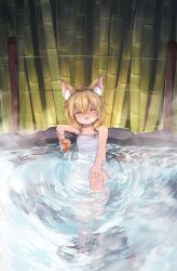 Rule 34 | 1girl, :d, ^ ^, animal ear fluff, animal ears, ayame no me, bamboo, bamboo fence, blonde hair, blush, closed eyes, cup, drinking glass, drinking straw, fence, highres, indie virtual youtuber, naked towel, onsen, open mouth, partially submerged, short hair, sitting, smile, steam, sweat, towel, virtual youtuber, washi (user djjg3532)