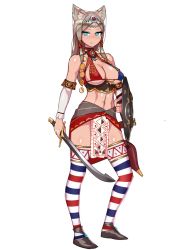 Rule 34 | 1girl, abs, animal ears, arabian clothes, bare shoulders, bikini, blue eyes, boots, breastless clothes, breasts, detached sleeves, grey hair, hair ornament, holding, holding shield, holding sword, holding weapon, jewelry, large breasts, loincloth, long hair, nisetanaka, no panties, original, scimitar, sheath, shield, solo, standing, striped clothes, striped thighhighs, swimsuit, sword, thighhighs, two-tone bikini, veil, warrior, weapon, white background