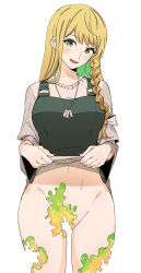 Rule 34 | 1girl, absurdres, apron, blonde hair, blush, bottomless, braid, clothes lift, colored inner hair, convenient censoring, green eyes, green hair, highres, jewelry, lifted by self, looking at viewer, multicolored hair, necklace, open mouth, rasupekuto, shirt, shirt lift, simple background, skeleton double, smile, solo, sweat, teeth, white background, yoroibata (skeleton double)