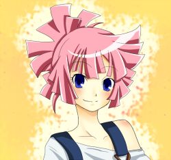 Rule 34 | 10s, 1girl, blue eyes, happy, looking at viewer, pink hair, short hair, simple background, smile, solo, star driver, tagme, yellow background, you mizuno