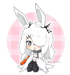 Rule 34 | 1girl, :o, animal ear fluff, animal ears, arknights, black footwear, blush, boots, chibi, dress, frostnova (arknights), full body, hair over one eye, holding, knees up, kurotofu, long hair, long sleeves, looking at viewer, outline, parted lips, pink background, plaid, plaid background, rabbit ears, short eyebrows, sitting, snow rabbit, solo, thick eyebrows, twitter username, two-tone background, very long hair, white background, white dress, white hair, white outline, wide sleeves