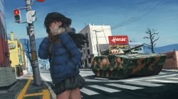 Rule 34 | 1girl, armored personnel carrier, armored vehicle, black hair, breath, camouflage, city, coat, commentary request, cowboy shot, digital camouflage, down jacket, hallelujah zeng, hand in pocket, jacket, long hair, military, military vehicle, motor vehicle, original, road, scarf, sketch, skirt, solo, street, tank, traffic light, winter, winter clothes, winter coat