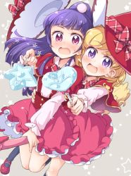 Rule 34 | 2girls, asahina mirai, blonde hair, blush, bow, broom, broom riding, capelet, checkered bow, checkered clothes, frilled skirt, frills, grey background, hat, hat bow, heart, izayoi liko, magical girl, mahou girls precure!, multiple girls, open mouth, pink eyes, ponytail, precure, purple eyes, riko (mahou girls precure!), school uniform, simple background, skirt, star (symbol), straddling, tokunou shoutarou, wand, witch hat