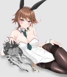Rule 34 | 1girl, abyssal ship, alternate costume, animal ears, between breasts, black pantyhose, breasts, brown hair, cleavage, commentary request, detached collar, enemy naval mine (kancolle), fake animal ears, flipped hair, green eyes, green necktie, grey background, hiei (kancolle), highres, kantai collection, leotard, looking at viewer, lying, medium breasts, necktie, nitamako (sakamalh), on side, pantyhose, playboy bunny, rabbit ears, short hair, simple background, strapless, strapless leotard, teeth, tentacles, thighband pantyhose, white leotard, wrist cuffs
