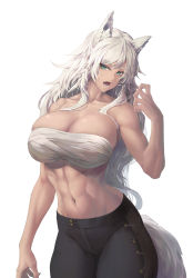 Rule 34 | 1girl, abs, animal ears, bandages, bare arms, bare shoulders, black pants, breasts, chest sarashi, cleavage, collarbone, green eyes, grey hair, hand up, highres, large breasts, limeblock, long hair, looking at viewer, muscular, muscular female, navel, original, pants, parted lips, sarashi, simple background, solo, tail, white background, wolf ears, wolf girl, wolf tail